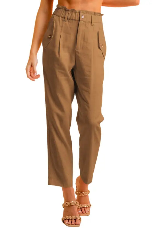 Brown button flap pocket high waisted linen pants - straight