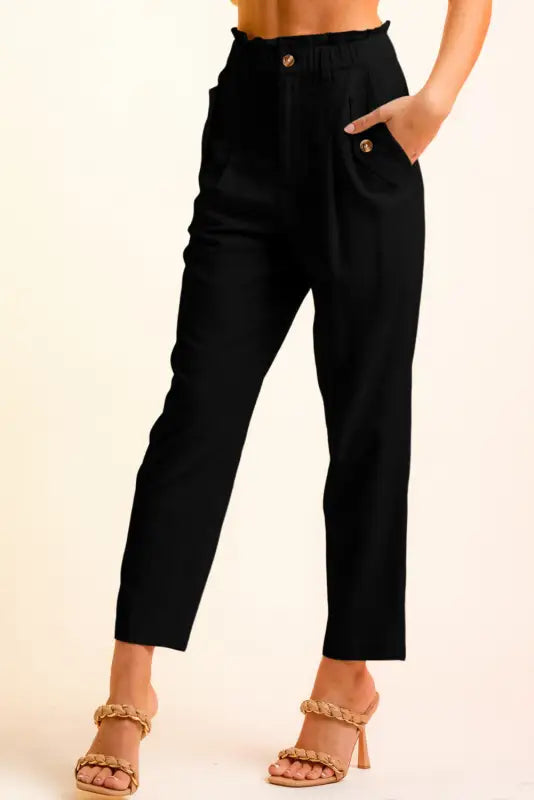 Brown button flap pocket high waisted linen pants - straight