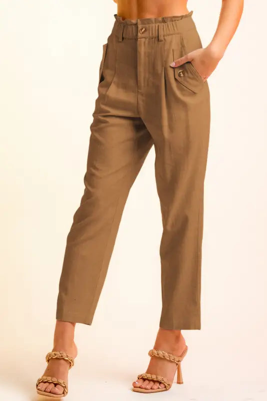 Brown button flap pocket high waisted linen pants - straight