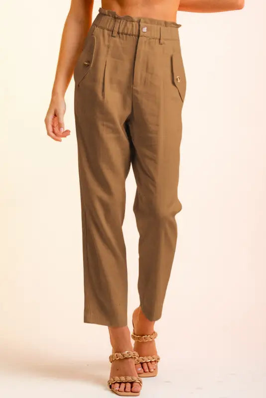 Brown button flap pocket high waisted linen pants - straight