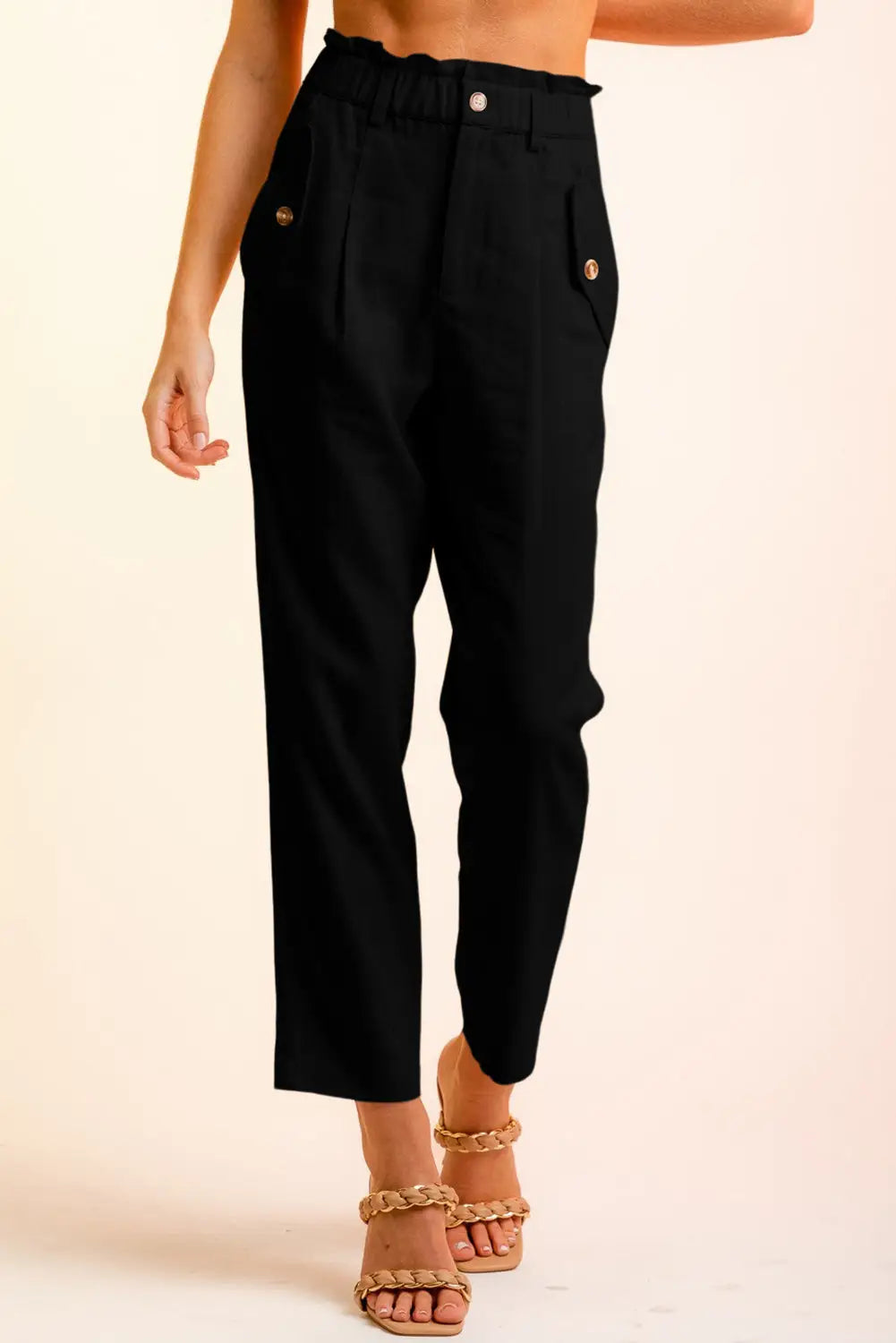 Brown button flap pocket high waisted linen pants - black / s / 80% viscose + 20% linen - straight