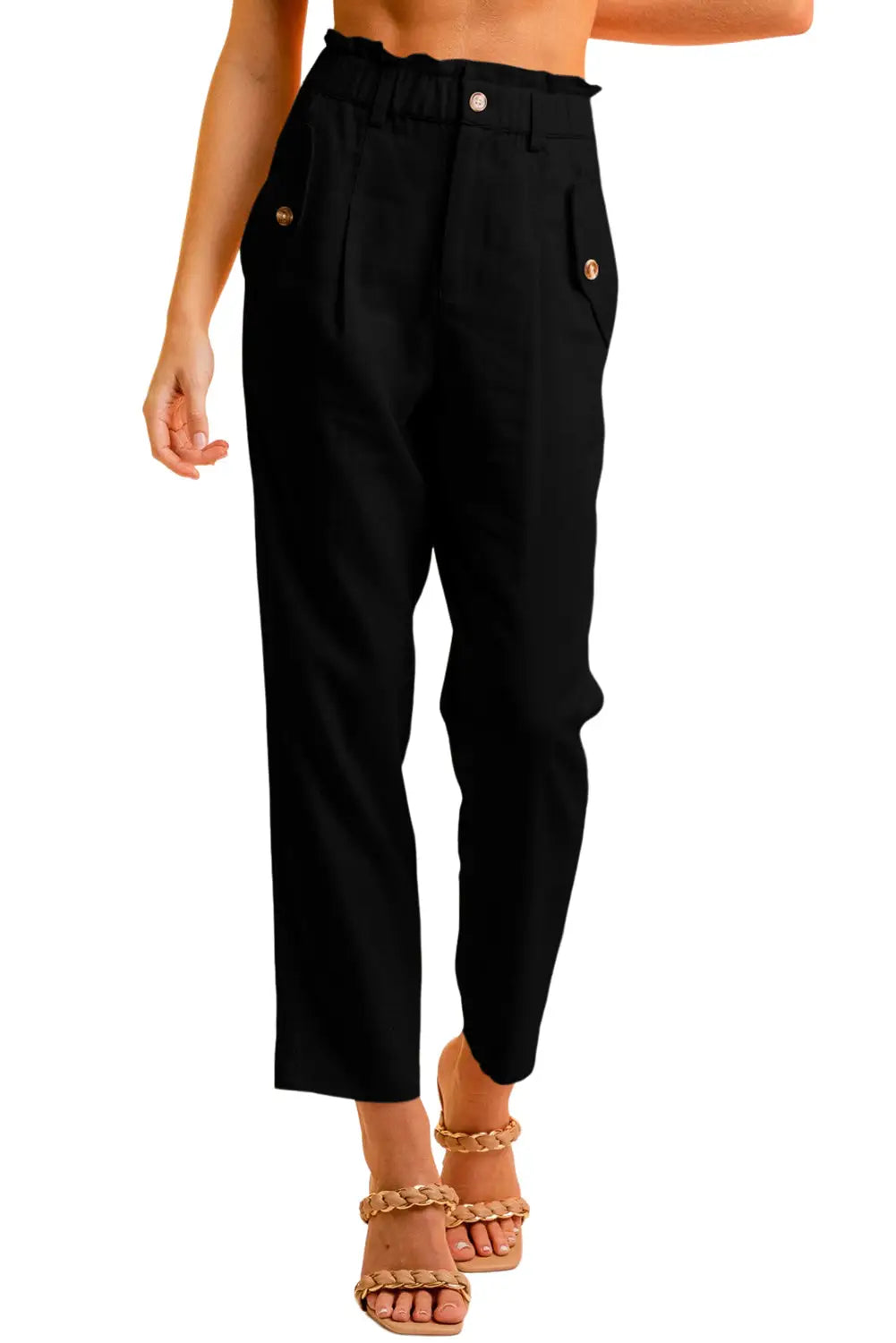 Brown button flap pocket high waisted linen pants - straight