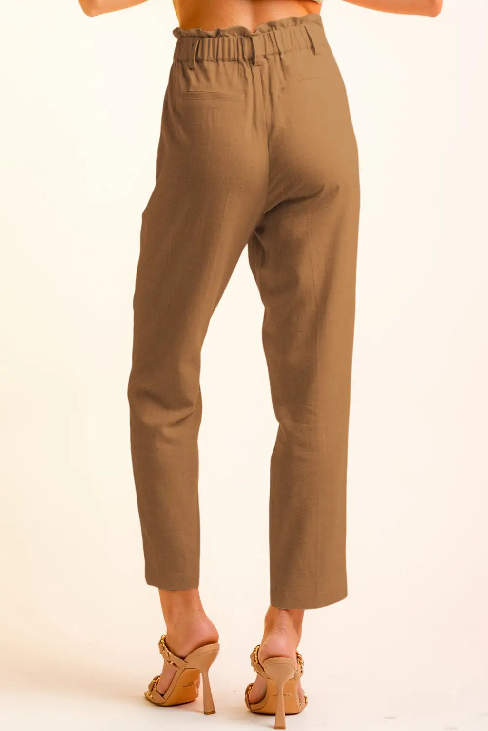 Brown button flap pocket high waisted linen pants - straight