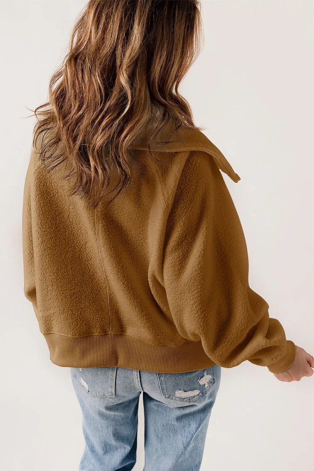 Brown button flap pocket spread collar fleece jacket - outerwear