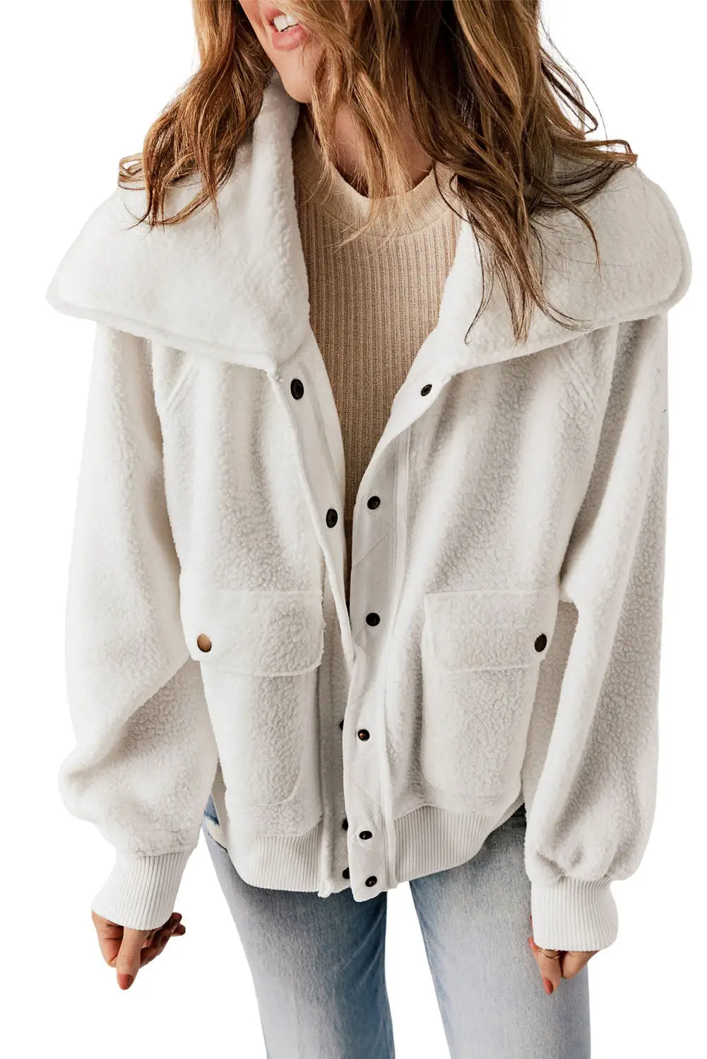 Brown button flap pocket spread collar fleece jacket - outerwear
