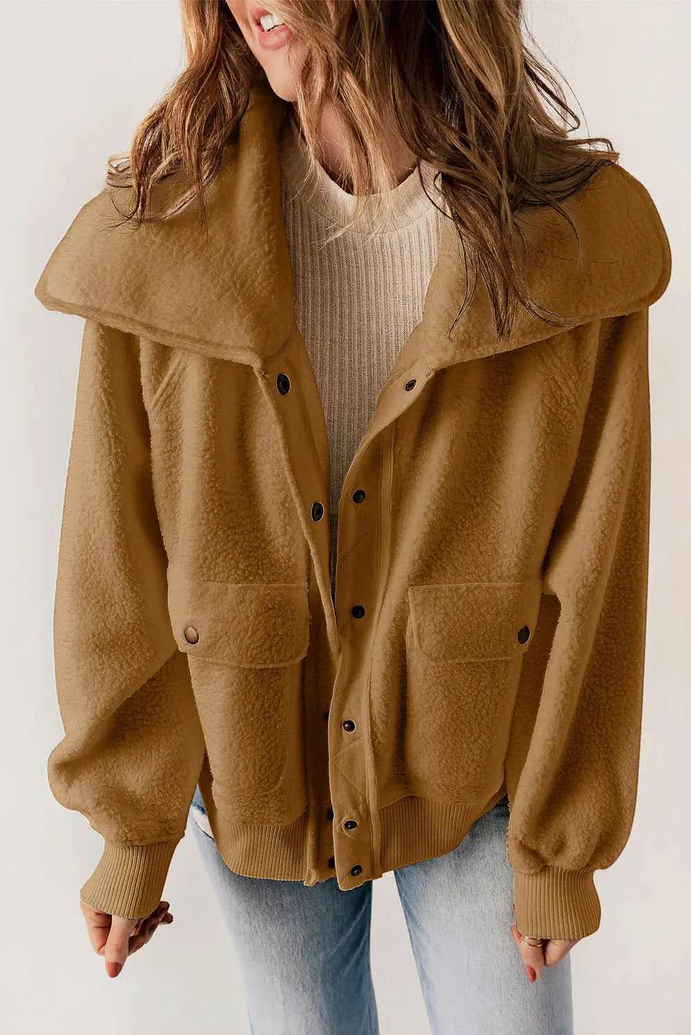 Brown button flap pocket spread collar fleece jacket - s / 100% polyester - outerwear