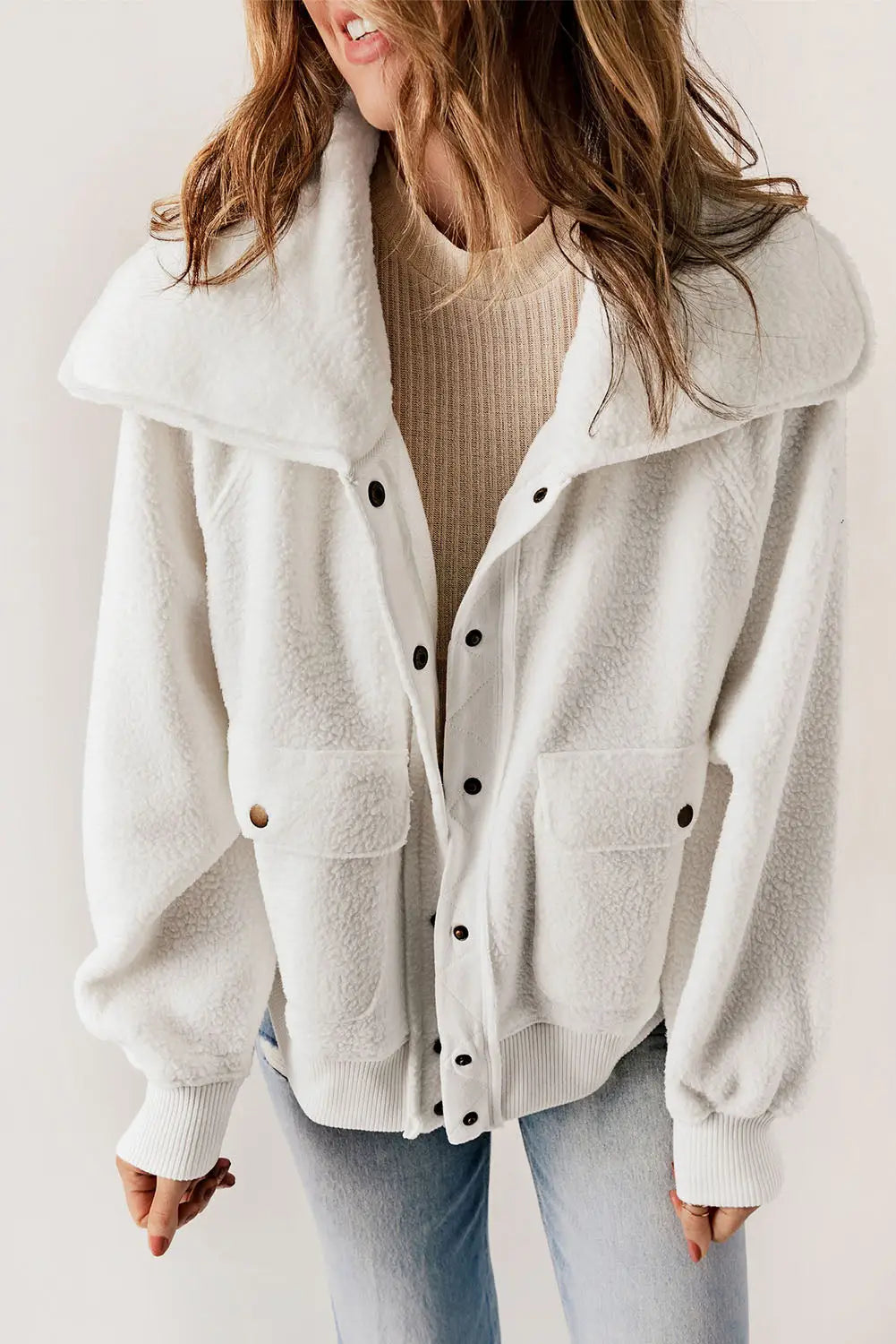 Brown button flap pocket spread collar fleece jacket - white / l / 100% polyester - outerwear