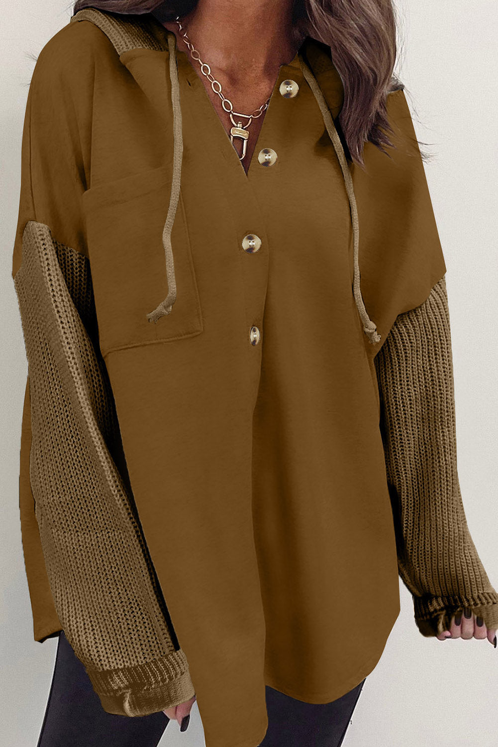 Brown button up contrast knitted sleeves hooded jacket - s / 80% polyester + 20% cotton - shackets