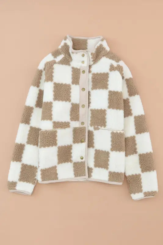 Brown checked snap button sherpa jacket - jackets