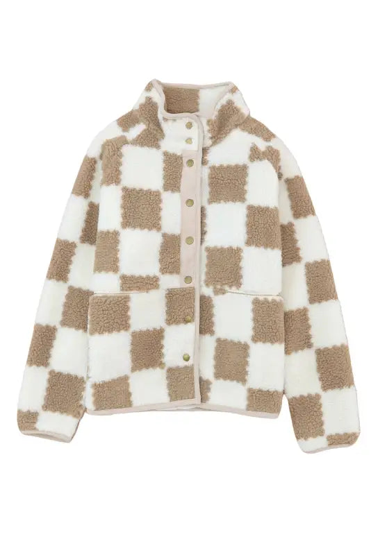 Brown checked snap button sherpa jacket - jackets