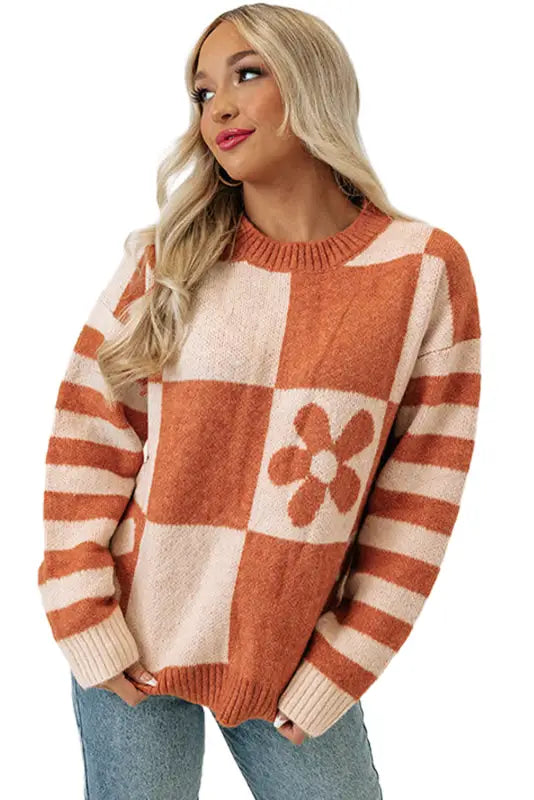 Brown checkered floral print striped sleeve sweater - tops