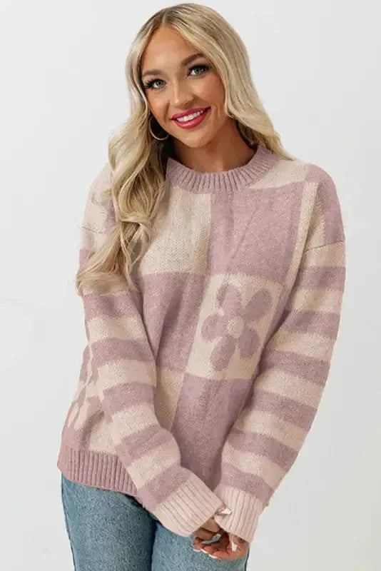 Brown Checkered Floral Print Striped Sleeve Sweater - Fashionfitz