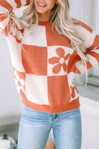 Brown Checkered Floral Print Striped Sleeve Sweater - Fashionfitz
