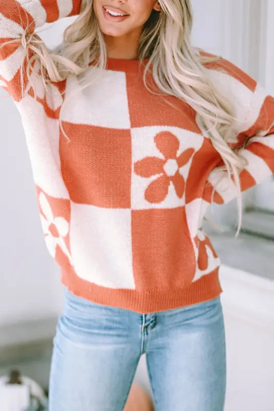 Brown checkered floral print striped sleeve sweater - tops