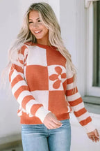 Brown Checkered Floral Print Striped Sleeve Sweater - Fashionfitz