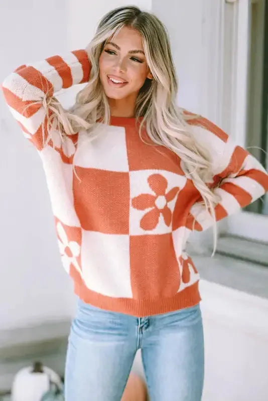 Brown Checkered Floral Print Striped Sleeve Sweater - Fashionfitz