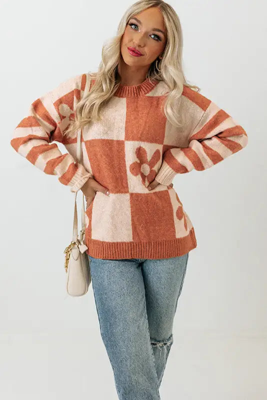 Brown checkered floral print striped sleeve sweater - tops