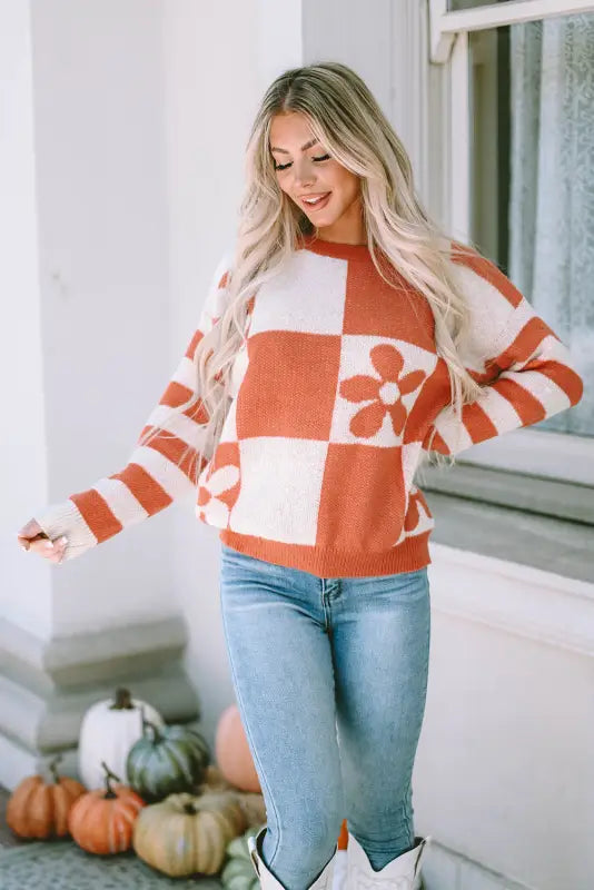 Brown checkered floral print striped sleeve sweater - tops