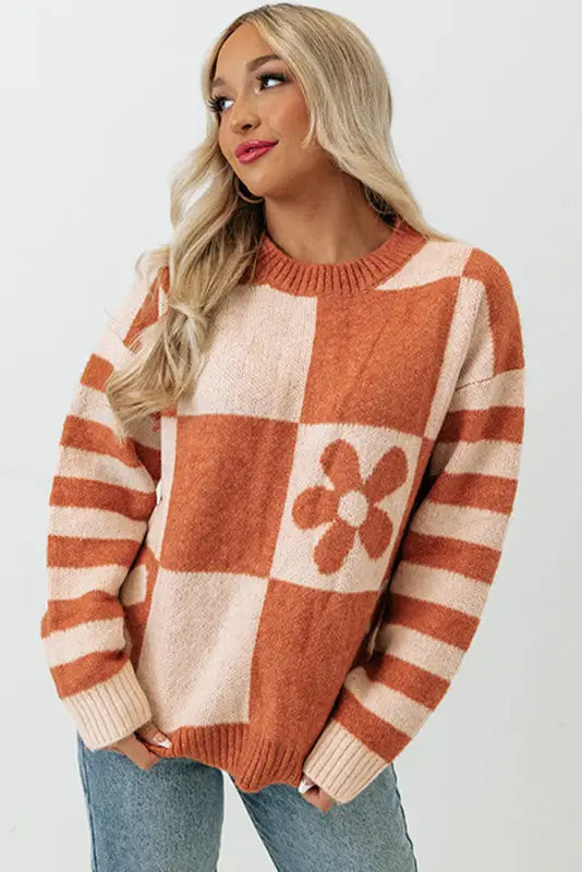 Brown checkered floral print striped sleeve sweater - tops