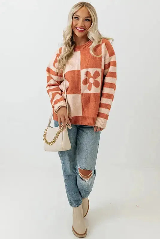 Brown Checkered Floral Print Striped Sleeve Sweater - Fashionfitz