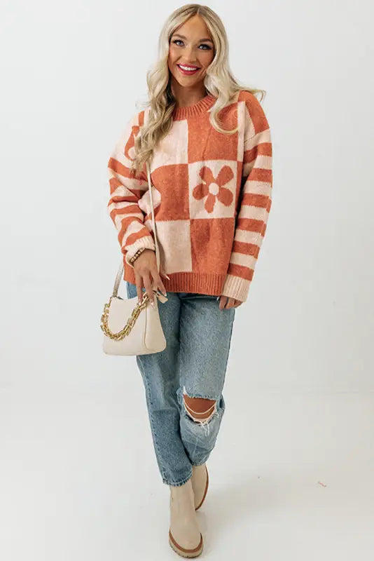 Brown checkered floral print striped sleeve sweater - tops