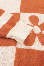 Brown Checkered Floral Print Striped Sleeve Sweater - Fashionfitz