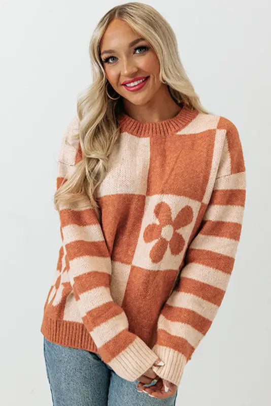 Brown checkered floral print striped sleeve sweater - tops