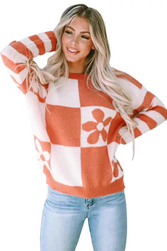 Brown checkered floral print striped sleeve sweater - tops