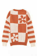 Brown Checkered Floral Print Striped Sleeve Sweater - Fashionfitz