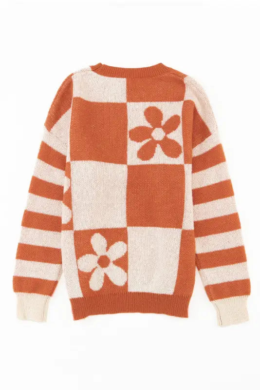 Brown checkered floral print striped sleeve sweater - tops