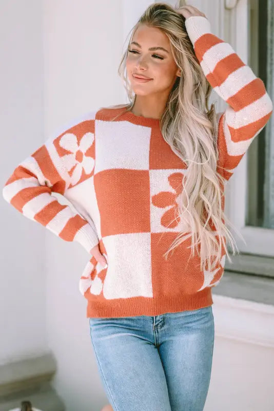 Brown checkered floral print striped sleeve sweater - tops