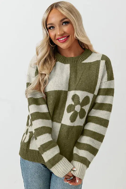 Brown checkered floral print striped sleeve sweater - tops