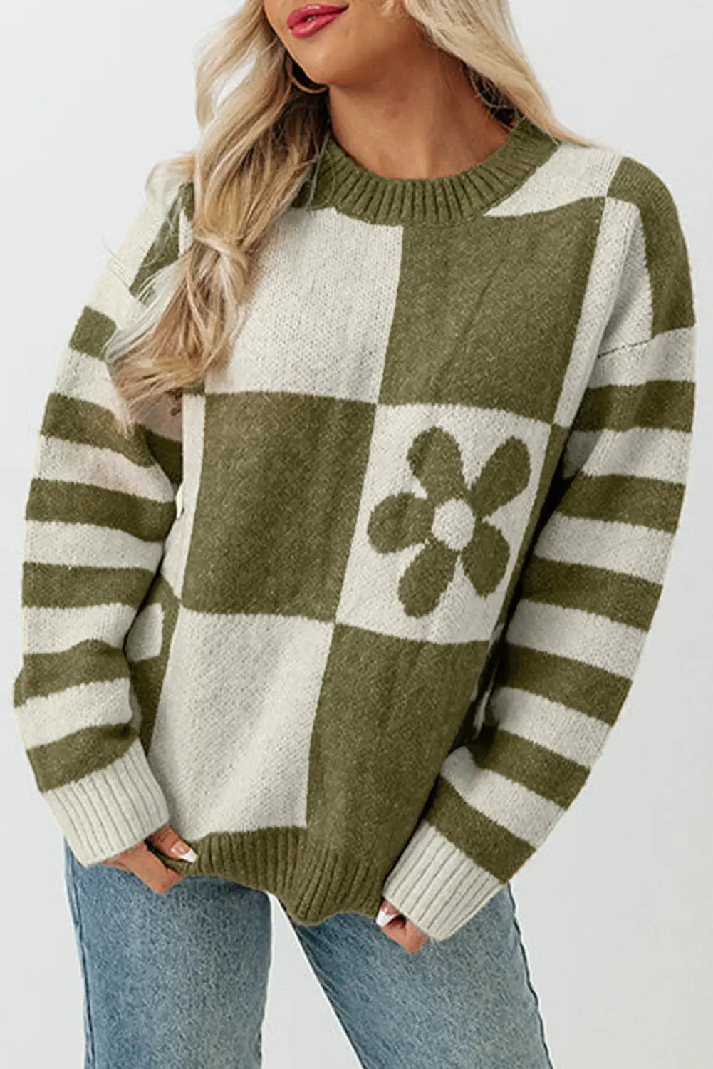 Brown checkered floral print striped sleeve sweater - mist green / s / 100% polyester - tops