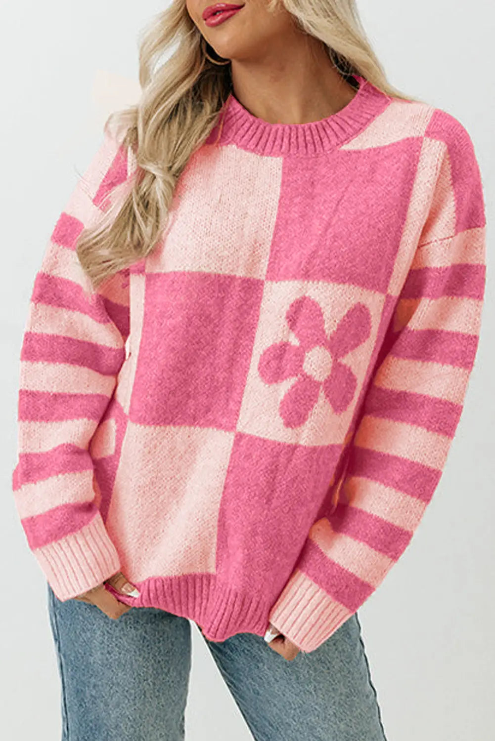 Brown checkered floral print striped sleeve sweater - strawberry pink / s / 100% polyester - tops