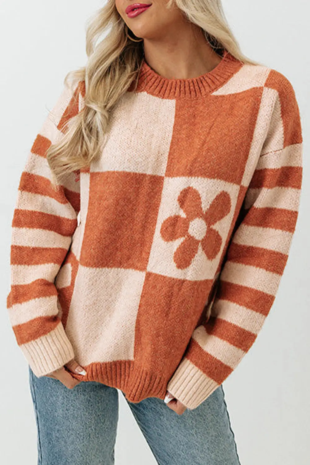 Brown checkered floral print striped sleeve sweater - tops