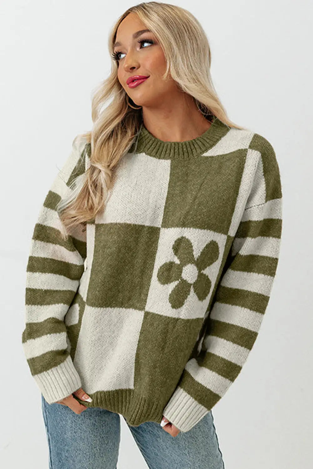 Brown checkered floral print striped sleeve sweater - tops