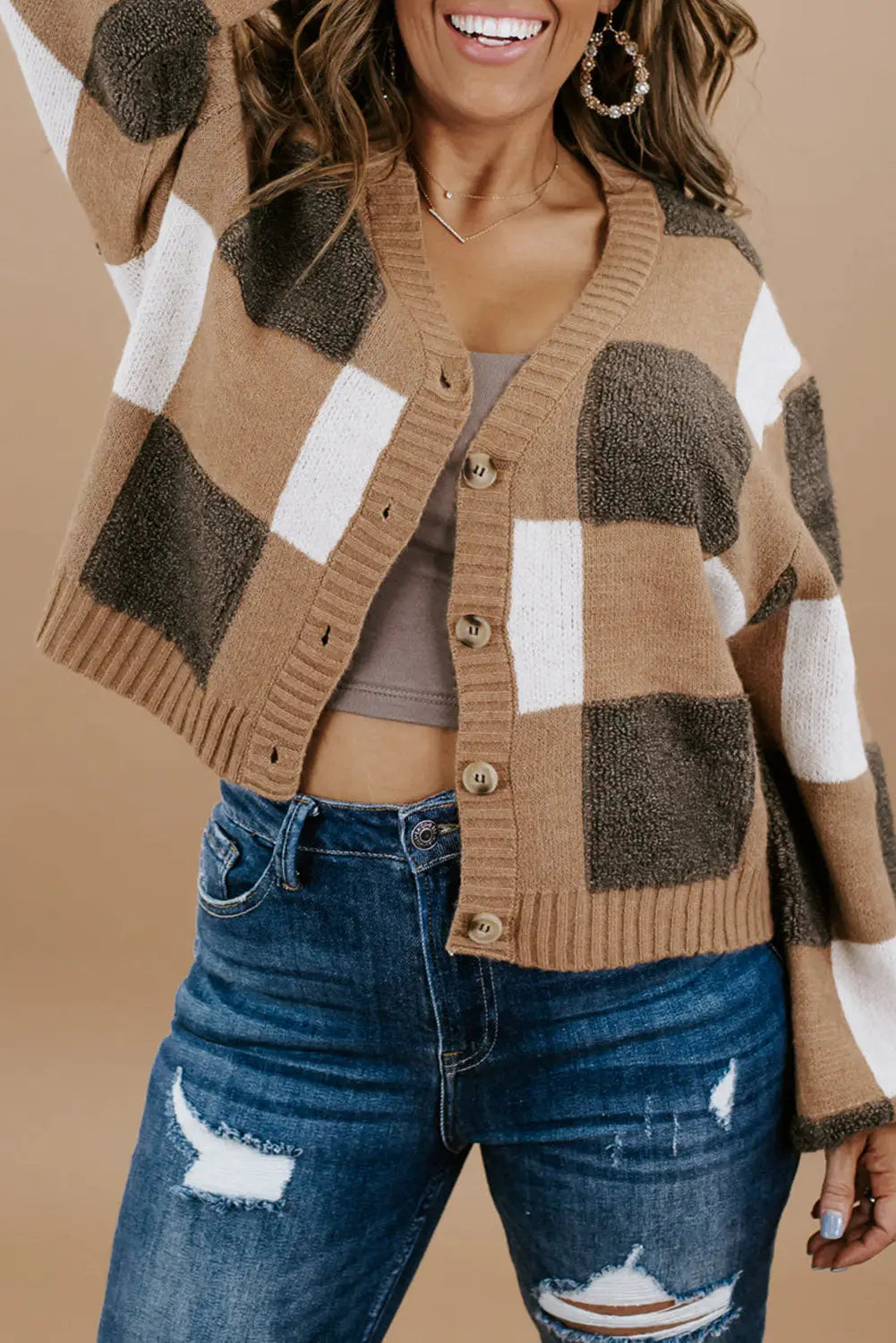 Brown checkered knit ribbed trim buttoned plus cardigan - 1x