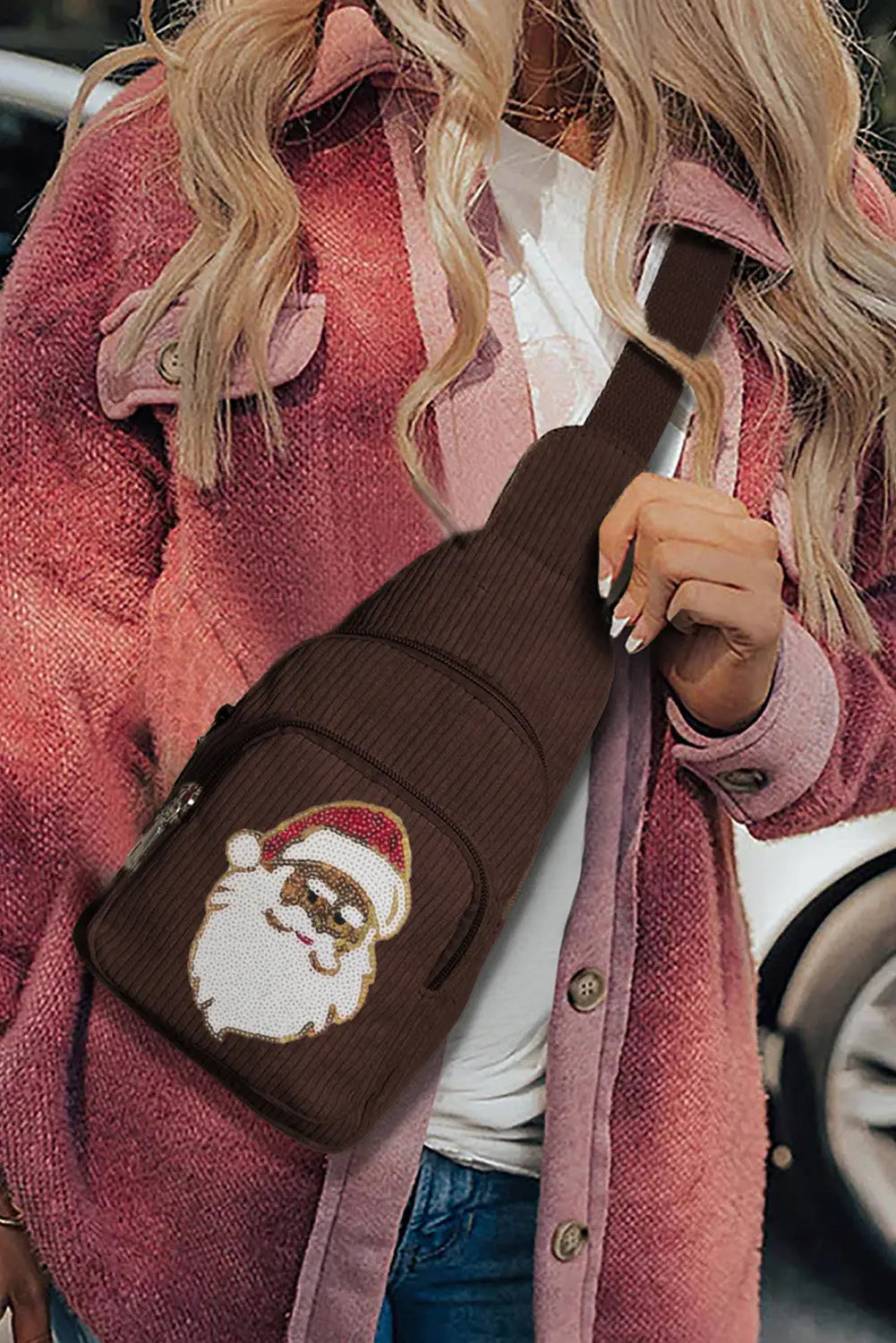 Brown christmas sequined santa claus corduroy sling bag -