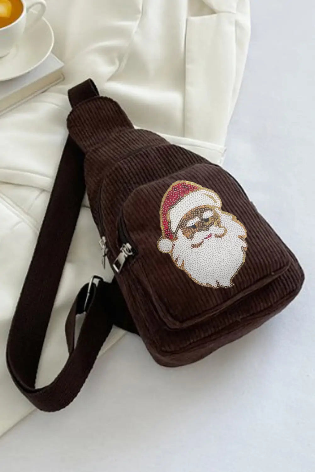 Brown christmas sequined santa claus corduroy sling bag - one size / 100% corduroy - crossbody bags