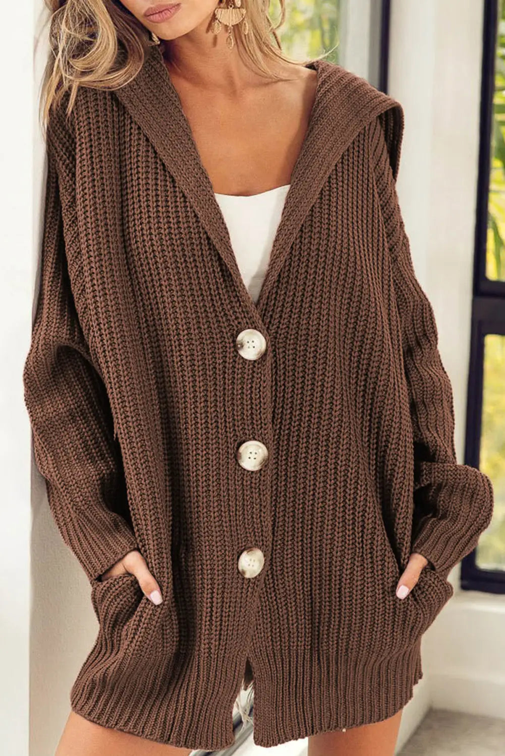 Brown chunky knit lapel collar button up cardigan - s / 100% acrylic - sweaters & cardigans