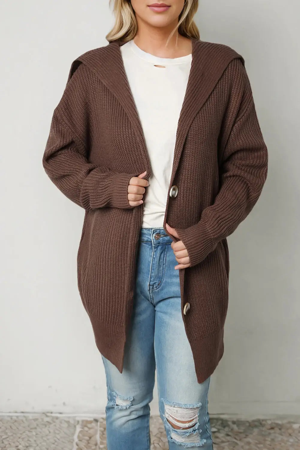 Brown chunky knit lapel collar button up cardigan - sweaters & cardigans