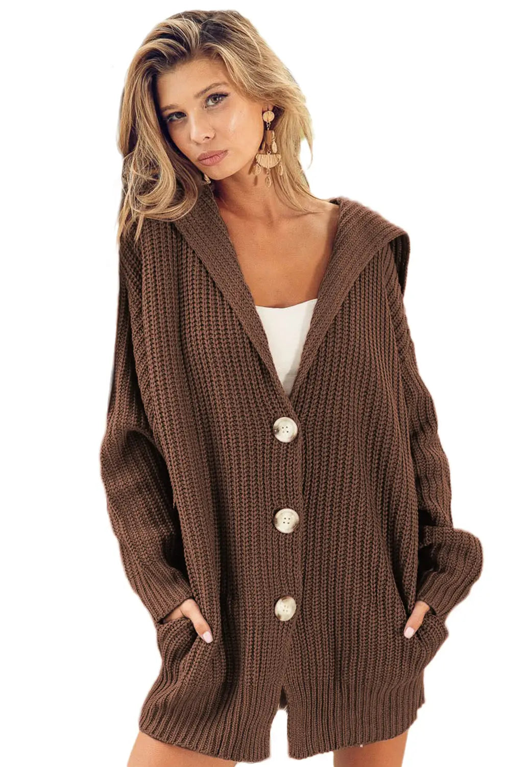 Brown chunky knit lapel collar button up cardigan - sweaters & cardigans