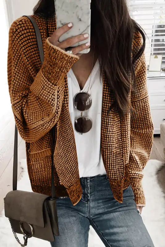 Brown chunky waffle knit oversized collar cardigan - s / 65% acrylic + 35% polyester - cardigans