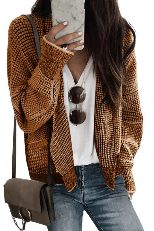 Brown chunky waffle knit oversized collar cardigan - cardigans