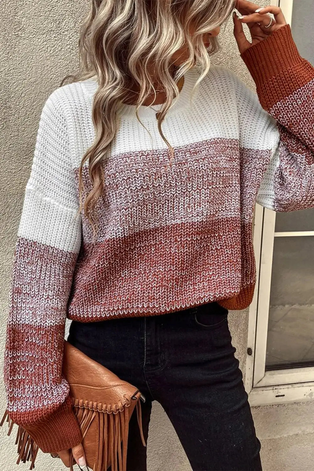 Brown color block drop shoulder ribbed trim sweater - s /