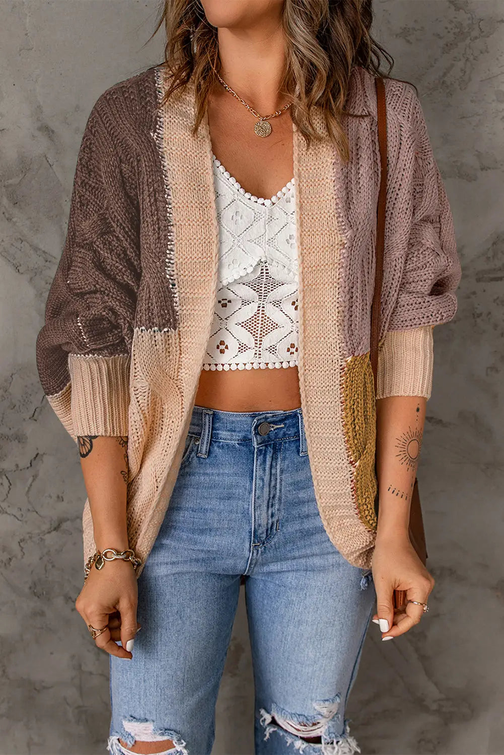 Brown color block loose open front knitted cardigan - 2xl / 100% acrylic - sweaters & cardigans