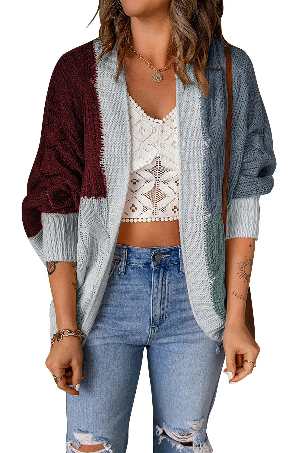 Brown color block loose open front knitted cardigan - 2xl / 100% acrylic - sweaters & cardigans