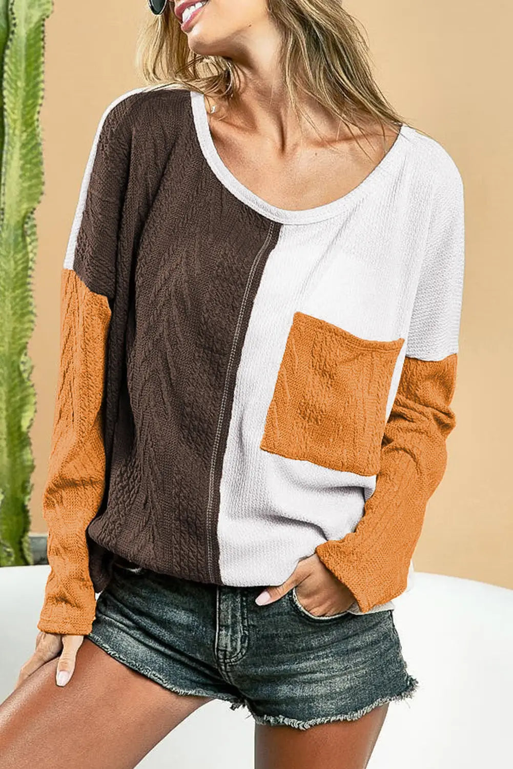 Brown color block patchwork chest pocket long sleeve top - s