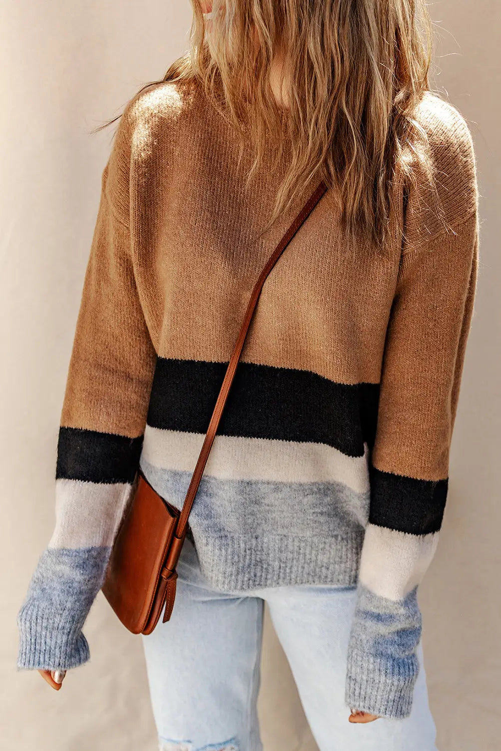 Brown color block striped ribbed knit sweater - s / 70% acrylic + 26% polyamide + 4% elastane - sweaters & cardigans