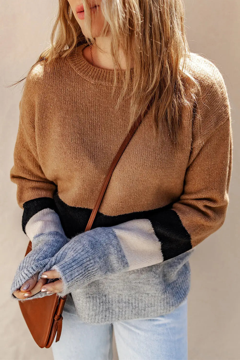 Brown color block striped ribbed knit sweater - sweaters & cardigans